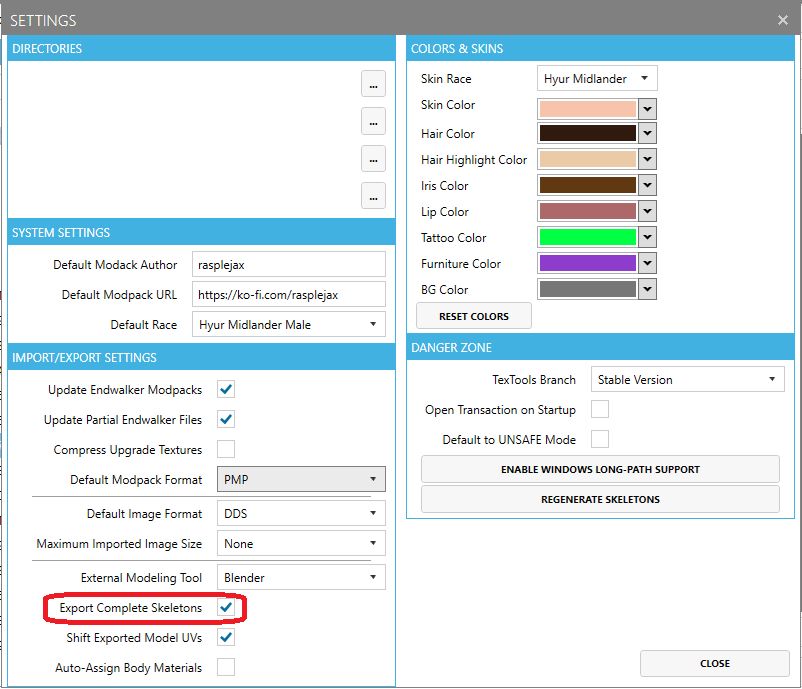 A TexTools screenshot with "export complete skeletons" circled
