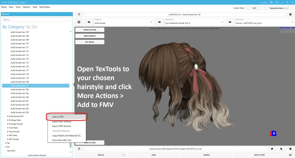 A screenshot of TexTools open to a hairstyle mashup.  The More Options button has been clicked and Add to FMV is circled in red.  Text: Open TexTools to your chosen hairstyle and click > More Actions > Add to FMV