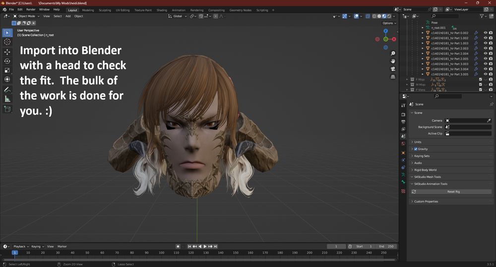 A Blender screenshot showing the exported hairstyle on a head.  Text: Import into Blender with a head to check the fit.  The bulk of the work is done for you. :)