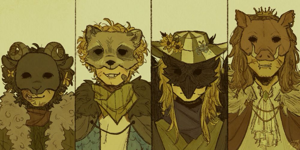 Tubbo (goat mask) Tommy (raccoon mask) Philza (crow mask) and Techno (pig mask) redrawn as yaelokre characters 