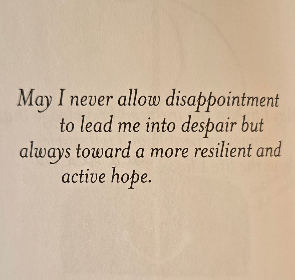 Photo of a book entry that says "May I never allow disappointment to lead me into despair, but always toward a more resilient and active hope."