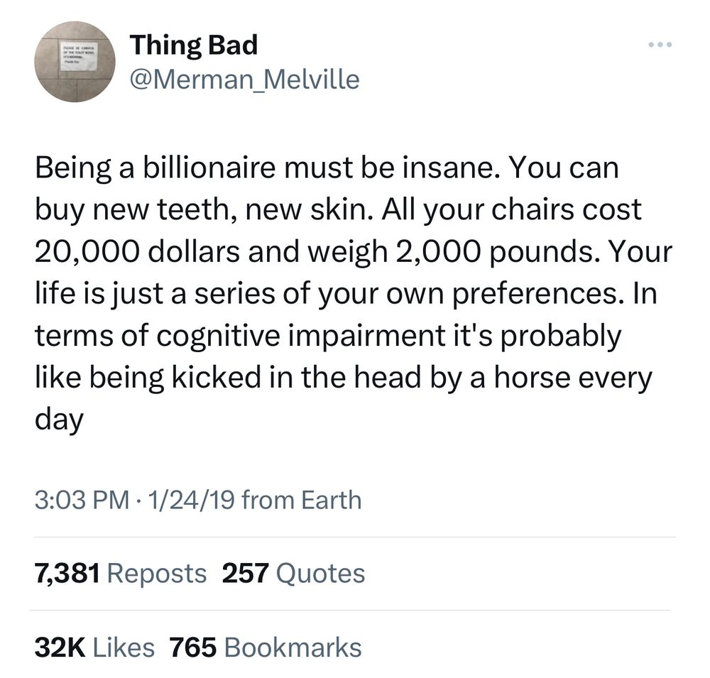 Tweet from @Merman_Melville which states “Being a billionaire must be insane. You can buy new teeth, new skin. All your chairs cost 20,000 dollars and weigh 2,000 pounds. Your life is just a series of your own preferences. In terms of cognitive impairment it’s probably like being kicked in the head by a horse every day