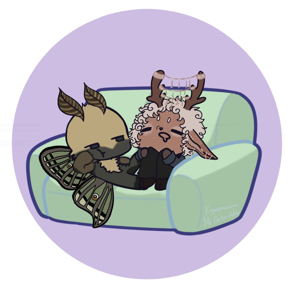 v cute ych of Felix the Spanish Lunar Moth and Ronan, an adorable deer! characters are owned by zekethemeekmoth & jdamq respectively. they're on a green couch with a purple circle background. base is by mr cactus inker