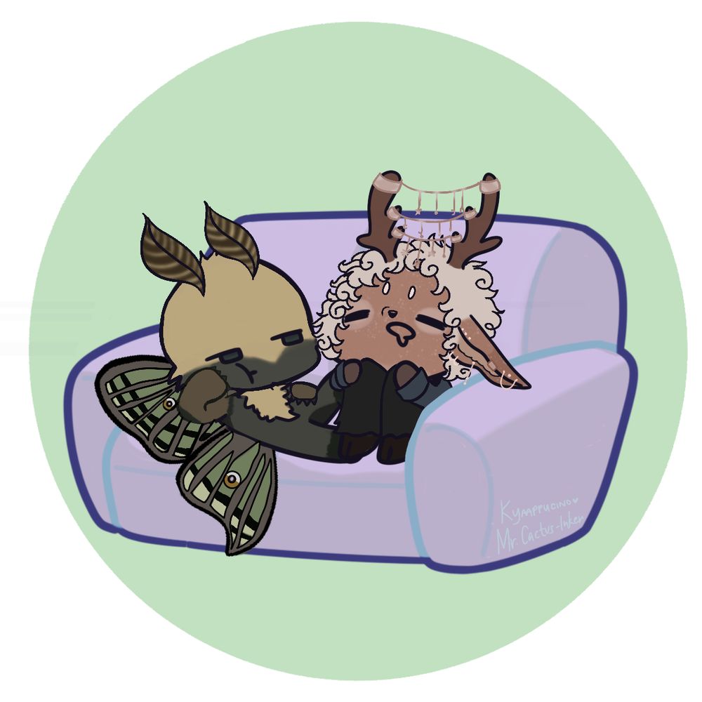 v cute ych of Felix the Spanish Lunar Moth and Ronan, an adorable deer! characters are owned by zekethemeekmoth & jdamq respectively. they're on a purple couch with a greencircle background. base is by mr cactus inker