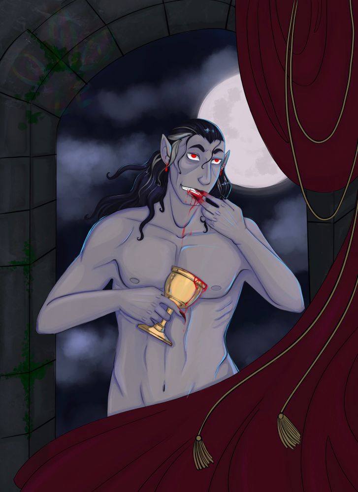 Sthrad von Zarovich standing suggestively in front of a stone arch way. He has no clothes on torso and a red curtain covers his lower half. He is holding a golden cup from which drips blood. He has his hand raised to his mouth which is also covered with blood.There is a full moon shrouded by mists behind him 
