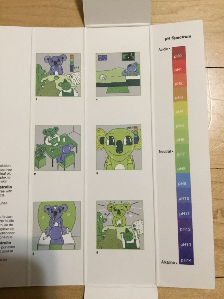 A product insert that has a multiframe comic of a patient koala visiting a koala dermatologist. There is a pH scale to the right of the comic. The koala patient is colored basic and the dermatologist is colored neutral. The patient koala uses the lotion and turns neutral pH and is happy. 