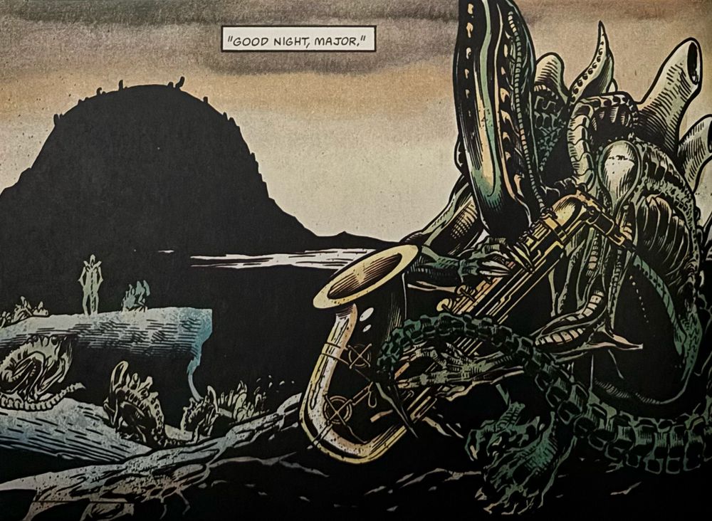In a panel from Dark Horse Comics ALIENS: GENOCIDE issue #4, a Xenomorph sits on the homeworld's surface, curled up, apparently at rest, cradling Ellis's saxophone.

Art by Damon Willis.