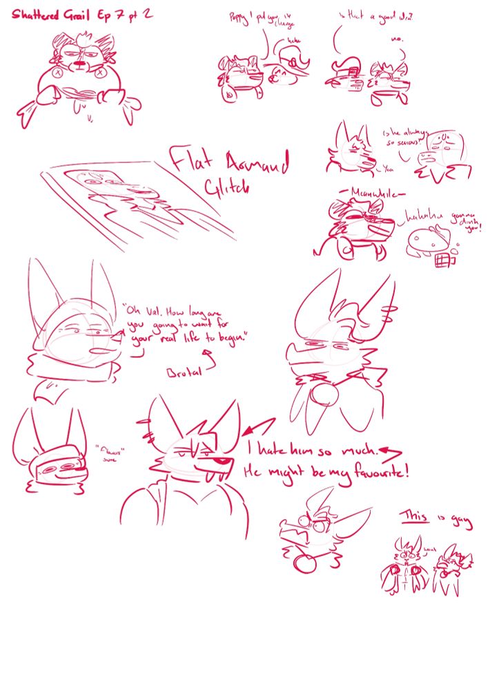 Messy sketch page full of doodles made while watching ep 7 of shattered grail