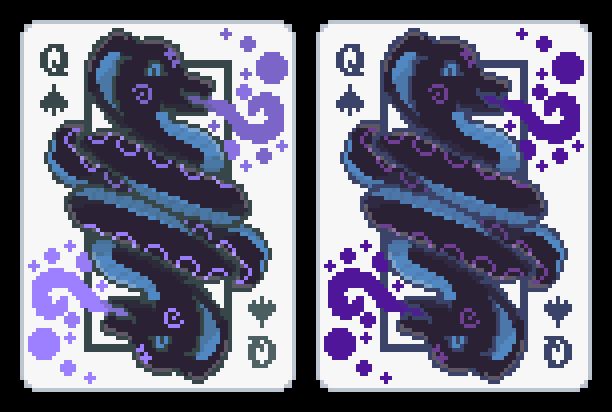 balatro styled spade queen of Nebula, a dark purple inflatable robot toy cobra. It breathes out purple poison smoke