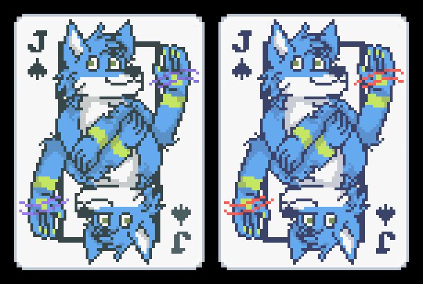 balatro styled spade jack of Skye, a blue red fox with lime accents. They wave to the camera happily.