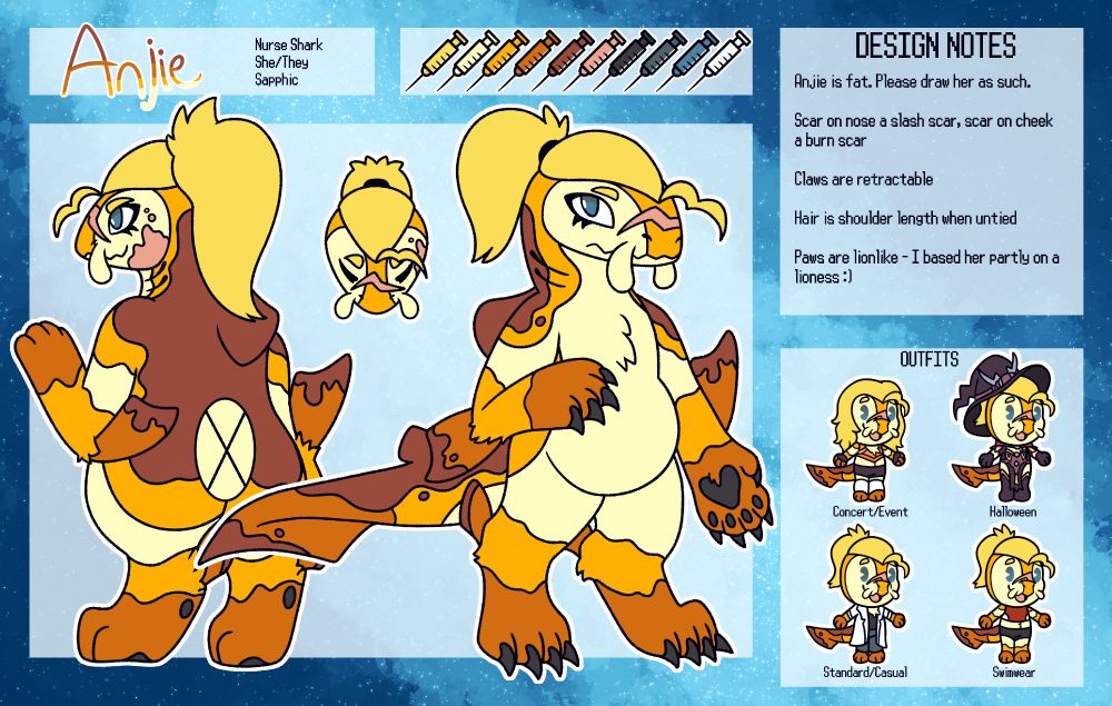 A character reference sheet of a shark furry oc. The reference features a front and back image of the character, a look at her face from front on, a set of optional costumes for the character to wear and a series of design notes to be followed when drawing the character