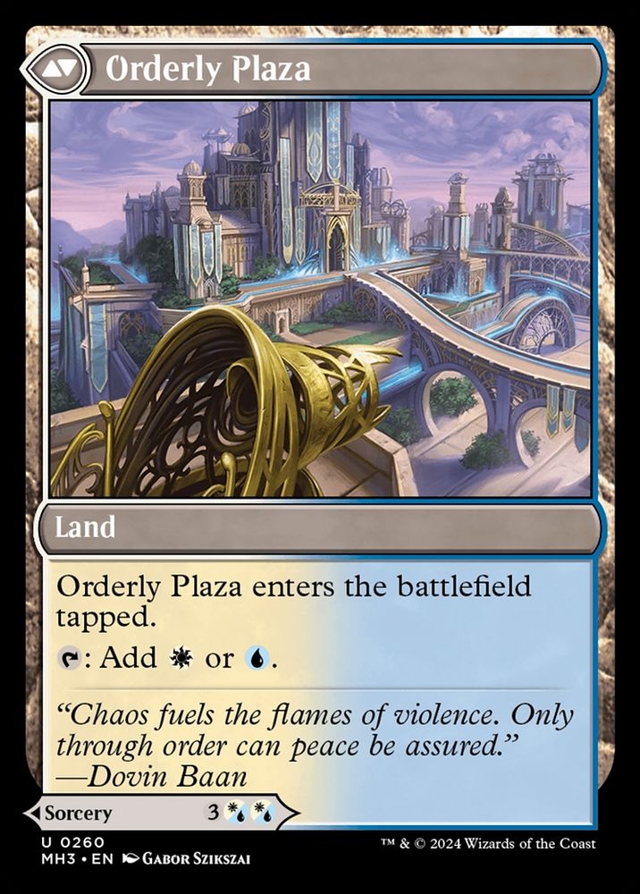 Suppression Ray
{3}{W/U}{W/U}
Sorcery

Tap all creatures target player controls. You may pay any amount of {E}. If you do, choose up to that many creatures tapped this way. Put a stun counter on each of them. (If a permanent with a stun counter would become untapped, remove one from it instead.)

The Consulate’s aether spotlights have a setting to incapacitate trespassers on contact.

Orderly Plaza
Land

This land enters tapped.

{T}: Add {W} or {U}.

“Chaos fuels the flames of violence. Only through order can peace be assured.”
—Dovin Baan

Illustrated by Gabor Szikszai
