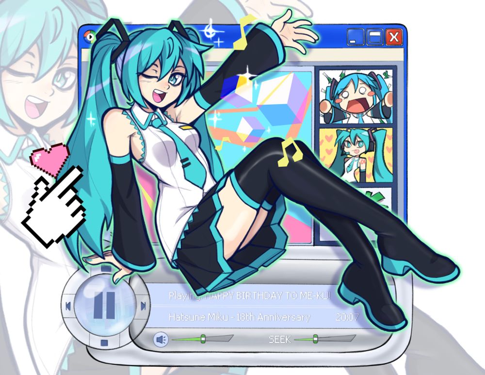 Hatsune Miku sitting on a Windows XP media player window while other Mikus are displayed to her right. Music notes and sparkles also float around her.