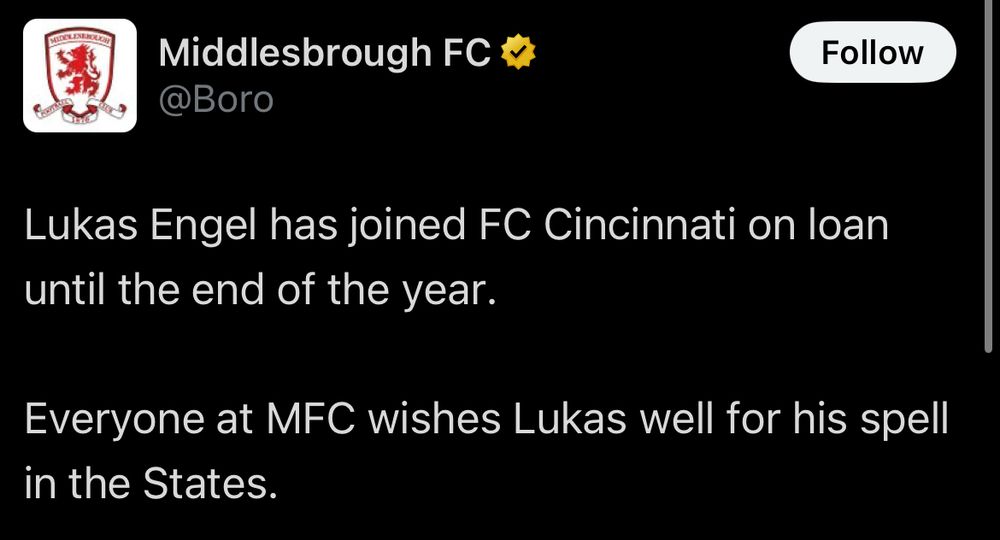 a tweet from middlesbruh saying lukas engel has been loaned to The FC. everyone saw it coming. welcome to gary nation, comrade engel