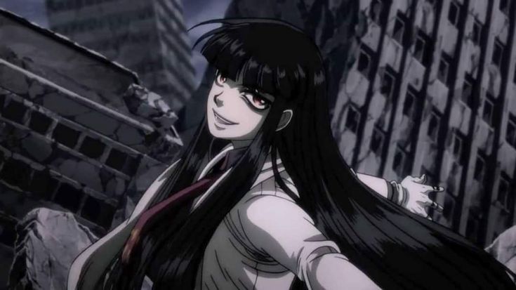 alucard from hellsing OVA in the form of the girl. he has red eyes and long black hair. he is wearing a white coat.