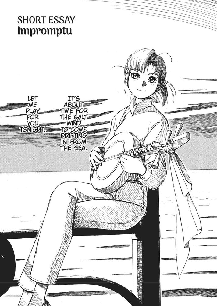 a page from yokohama kaidashi kikou featuring alpha. she is sitting on the traffic lights that is submerged in water. she is smiling at the viewer and holding the moon guitar. the text says: “it’s about time for the salt wind to come drifting in from the sea. let me play for you tonight.”