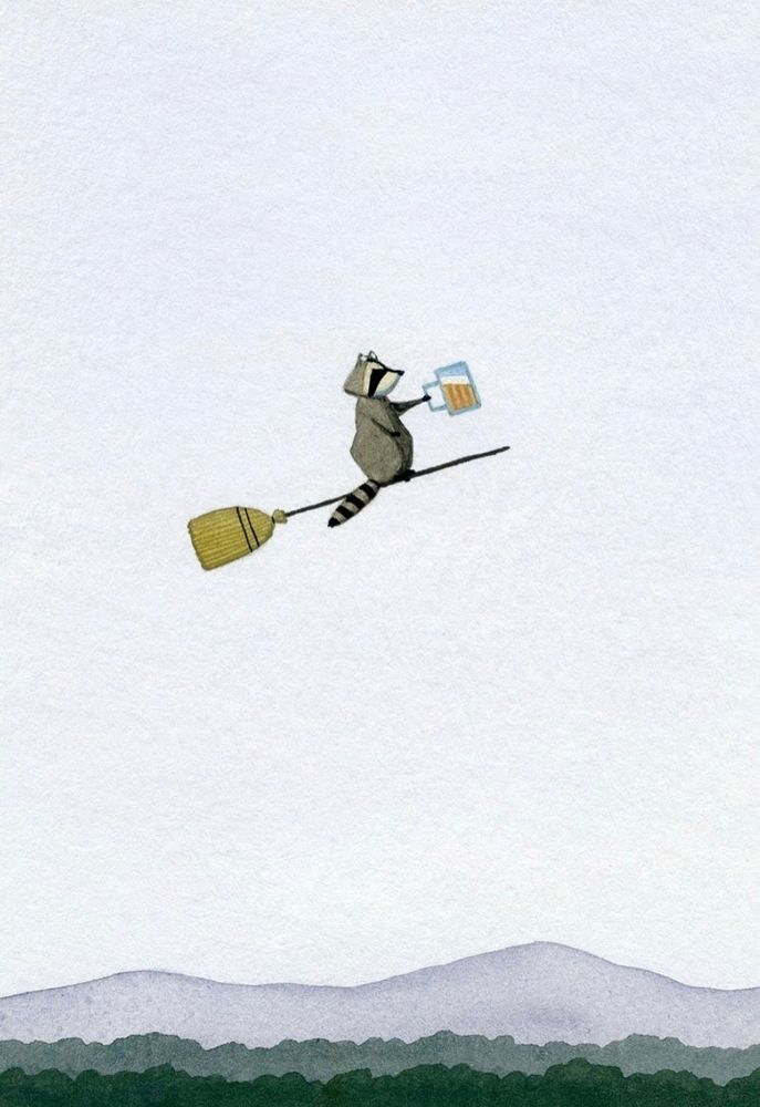 A raccoon flying on a broomstick above some mountains holding a flagon of beer beer.