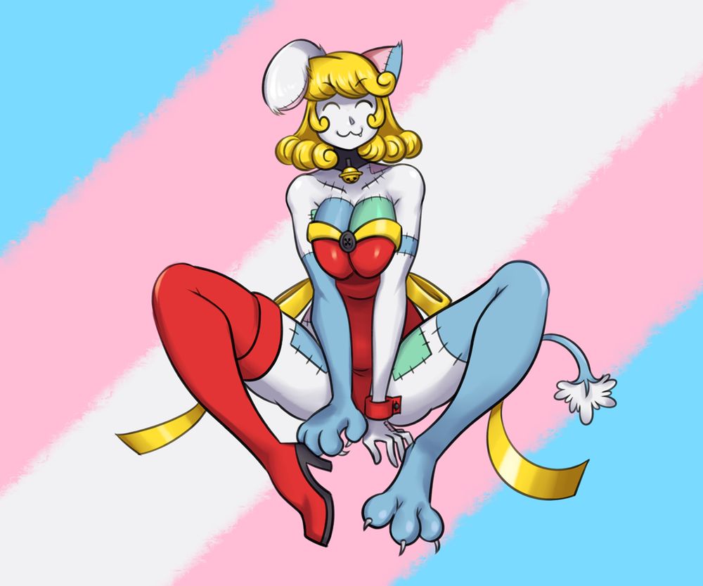 Phonx13's OC Dolly sitting happily with the transgender pride flag behind her.