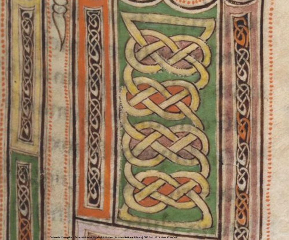 HIBERNO-SAXON INTERLACE (Irish/post-Roman Great Britain) in Salzburg Austria ca 785-790 Gospel Book of St. Peter Cathedral Chapter Library; Cutbercht Evangeliar - Österreichische Nationalbibliothek [Austrian National Library] ÖNB Cod. 1224