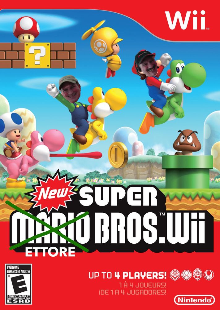 The New Super Mario Bros. Wii cover with Mario and Luigi replaced with Ettore and Angelo Rossetti's faces, respectively. The name of the game features the word "Mario" crossed out with the name Ettore written underneath.