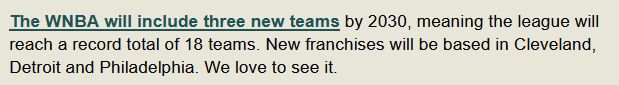 A screenshot of a news summary from the Crooked Media newsletter. It reads as follows: “The WNBA will include three new teams by 2030, meaning the league will reach a record total of 18 teams. New franchises will be based in Cleveland, Detroit and Philadelphia. We love to see it.” Nota bene: (No, they didn't use the Oxford comma and yes I'm sad enough about it to include in this alt text).