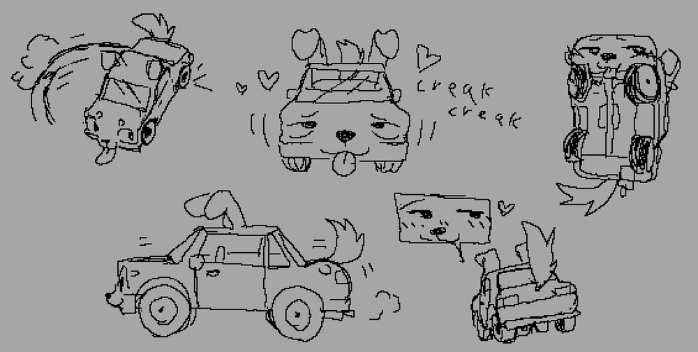 Several images of a car with Hollie as a dog/car hybrid. It's face is on the front grille, it has ears on the roof, and the trunk has a tail.
