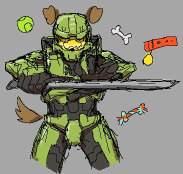 Another waist-up portrait of Master Chief brandishing a large combat knife. He has been given dog ears and a dog tail and the empty space in the image has dog-related items (tennis ball, bone, collar, and one of those rope toys)