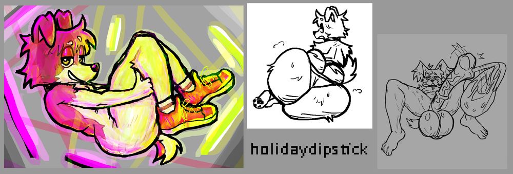 Left: Hollie (anthro dog, big butt) naked except for a pair of sneakers, on their back cusping their thighs. They're surrounded by neon lights that illuminate their backside purple and their front side yellow-green.

Center: Hollie (anthro dog, big butt) lying on the ground wearing a skimpy bikini with their ass toward the viewer. It's sweaty and emitting visible steam clouds and it's being sat on at an angle that squishes the right cheek on the ground.

Right: Hollie (anthro dog, has long horse cock with massive nuts) naked, ejaculating into a condom.
