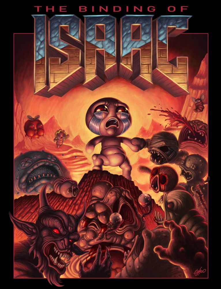 A poster for “The Binding of Isaac” based on the original artwork for DOOM. The image features Isaac atop of a cliff with an army of demons perusing him below.