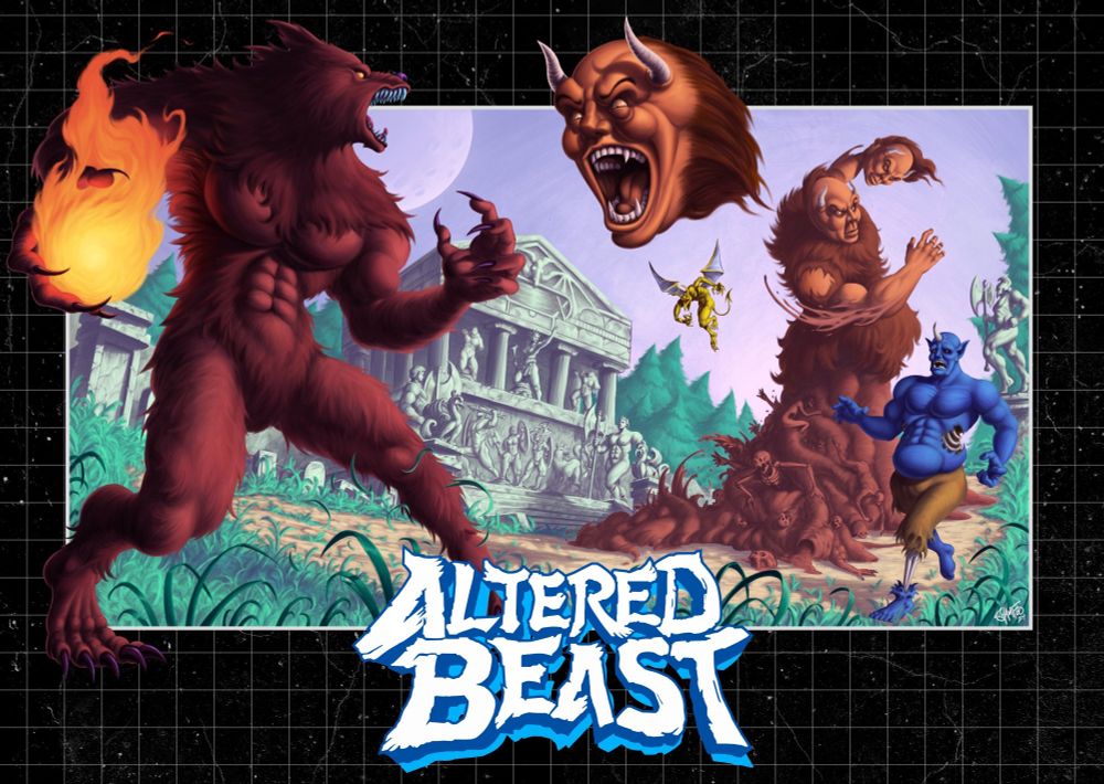 A fan made poster based on the SEGA game “Altered Beast”. The poster depicts a werewolf on the left hand side in combat with a giant demon who is throwing its heads at it. There is a zombie demon, and gargoyle type creature rushing towards the werewolf as well. There are trees, graves, and stone architecture in the background. 