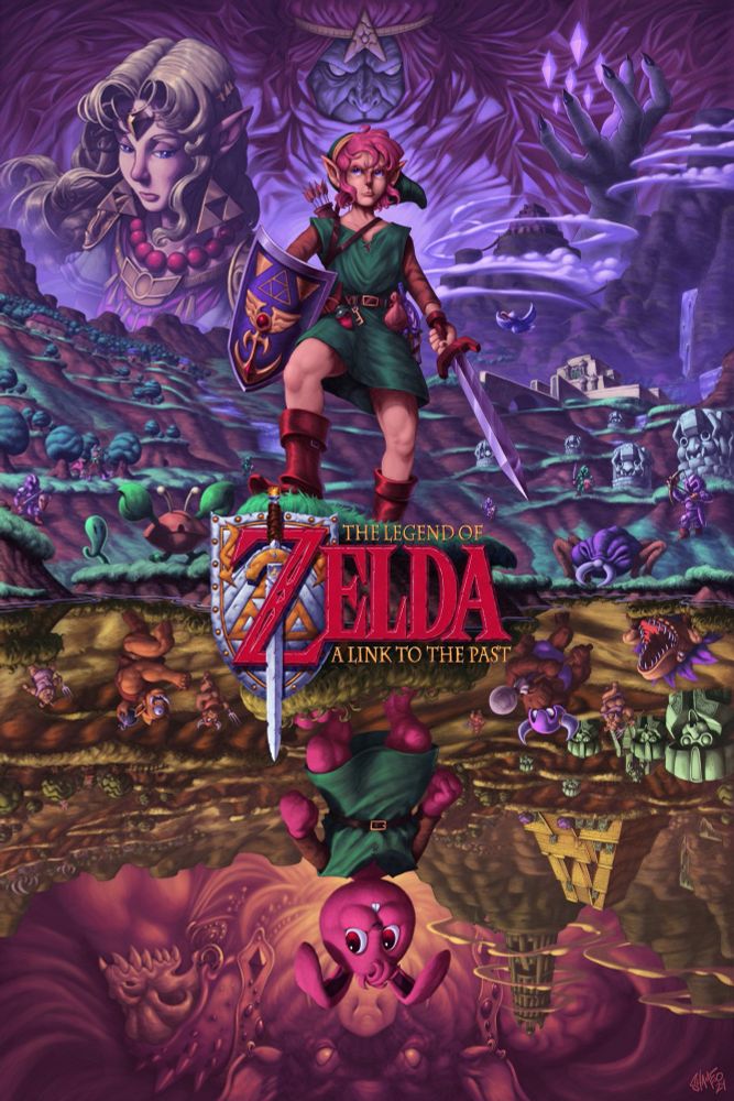 A fan poster of “The Legend of Zelda: A Link to the Past.” The poster features Link standing upon a mound of earth with the logo underneath, and a bunny version of link mirrored below. The background features the light world at the top, and the dark world at the bottom. Several other characters are depicted in the background and in the sky. 