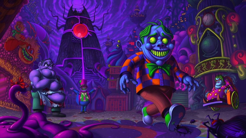 Key art for the indie game “Octopus City Blues.” The images depicts the main character up front nervously looking behind him as other characters are scowling at him.  The background features the main hub of the game, with various buildings and strange architecture throughout. There is a giant tower with a large, red eyeball and tentacles under an ominous purple sky in the far background.