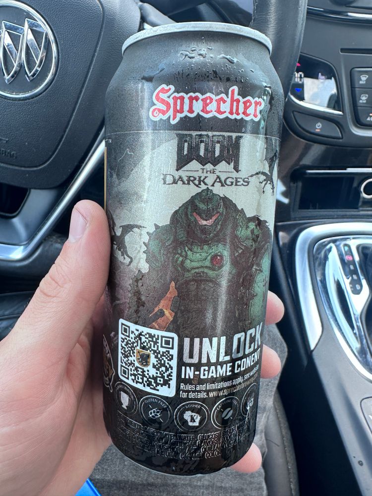 A can of Sprecher root beer with DOOM The Dark Ages artwork on it. 