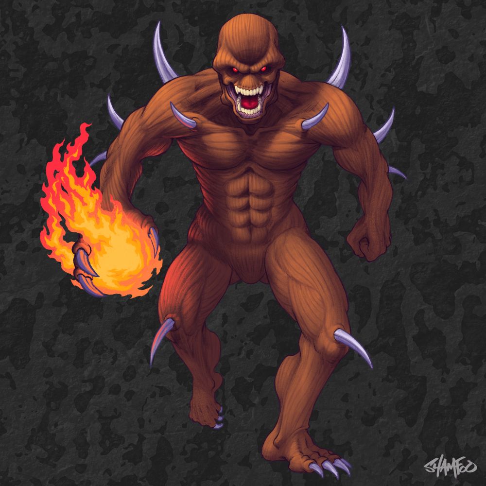 A digital illustration of the original Imp from DOOM 1993. It is walking towards the camera with a fireball in its right hand, ready to attack. 