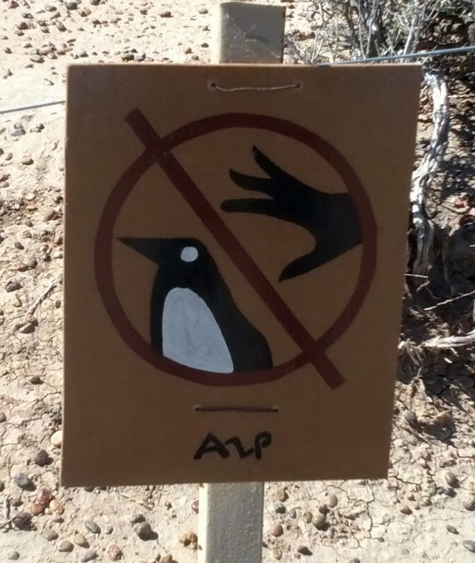 A sign in a circle with a line through it. It has a hand trying to touch a penguin. It suggests you should not touch the penguin.