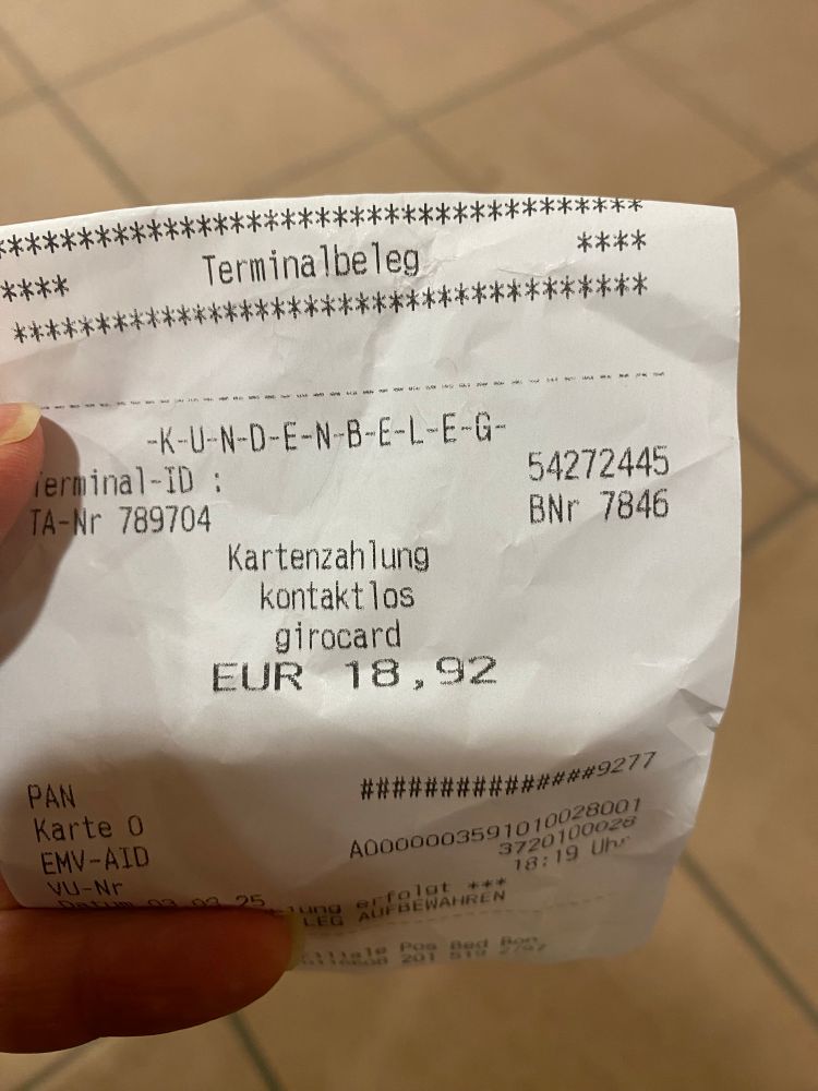 Kassenbon mit einem Betrag von 18,92 €