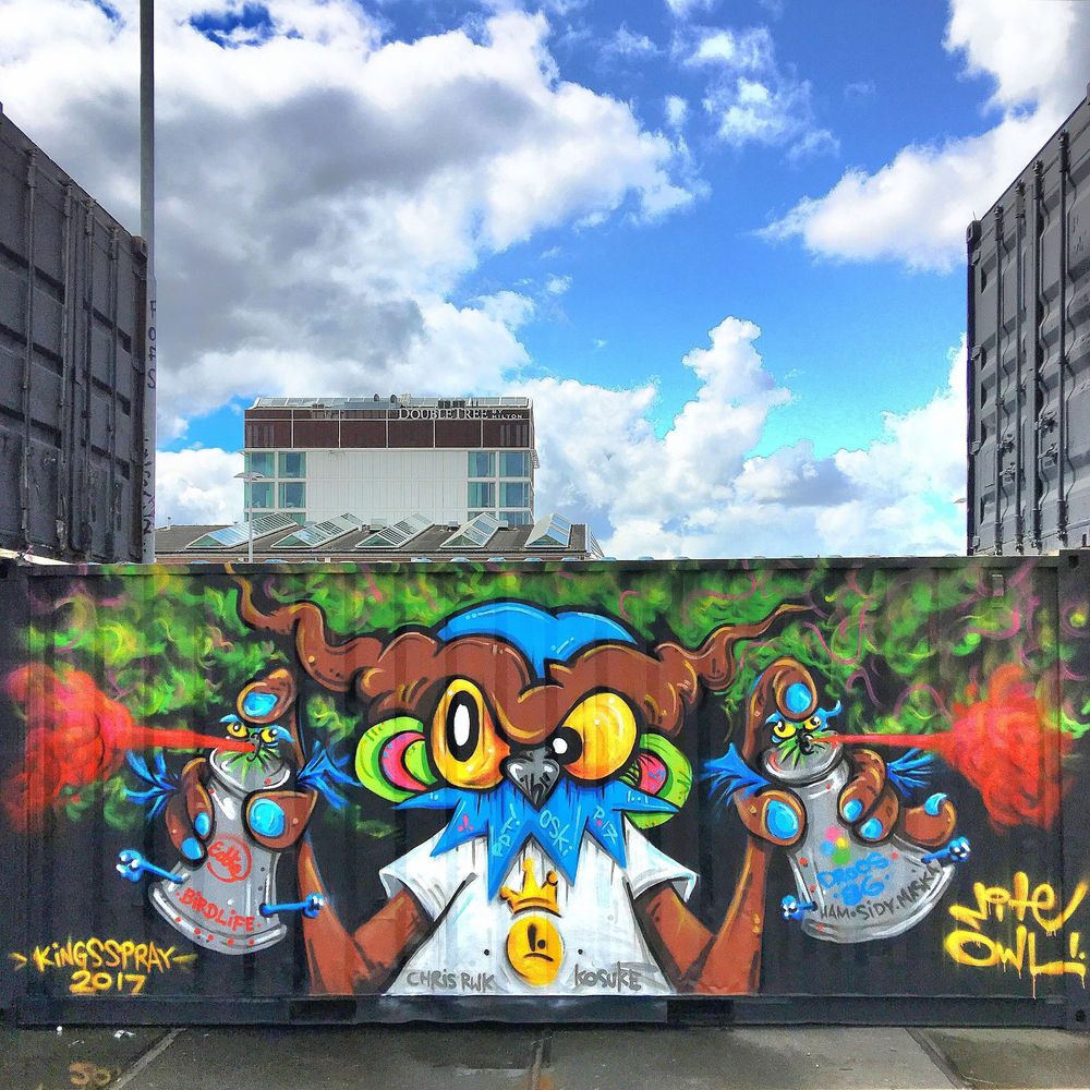 Piece by Nite Owl for Kings Spray curated by StreetArtToday at the NDSM in Amsterdam, The Netherlands. 