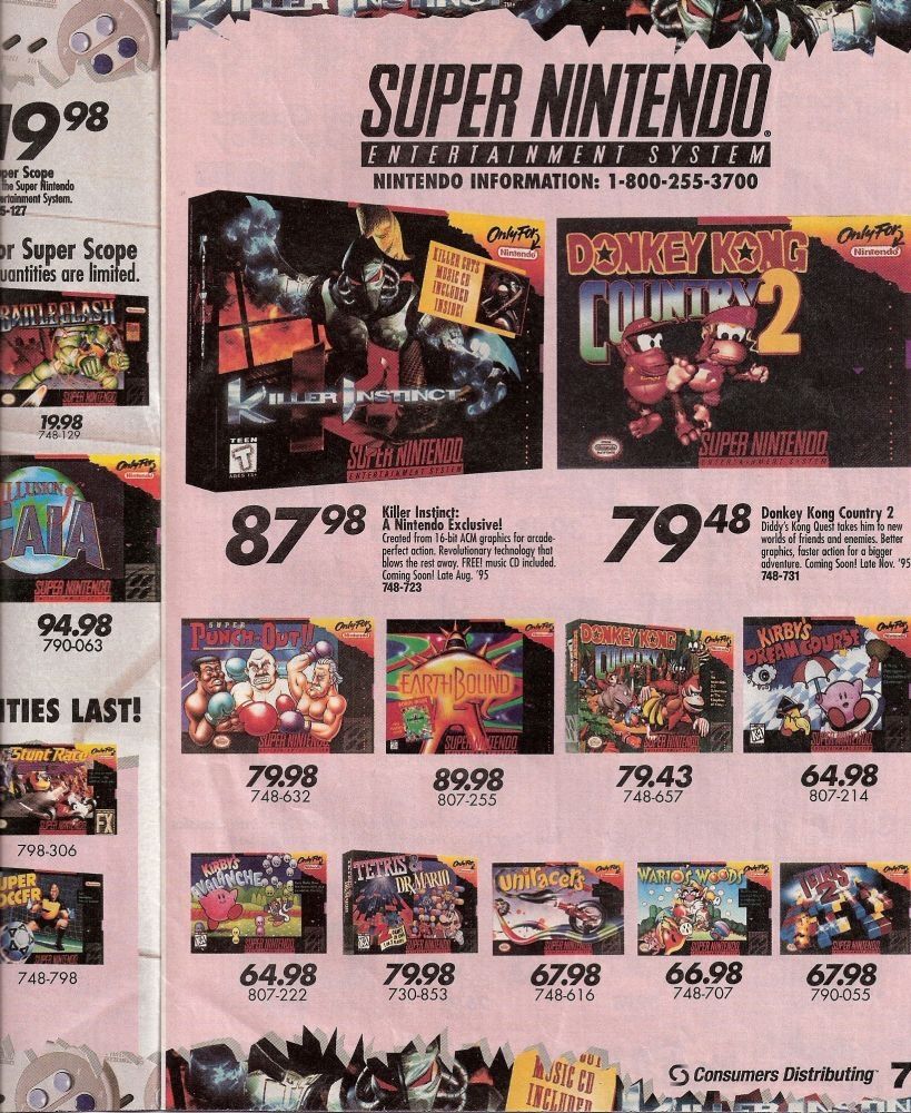 Scan of a Canadian toy catalog with images of video game covers. They are of super Nintendo games with prices and descriptions below.