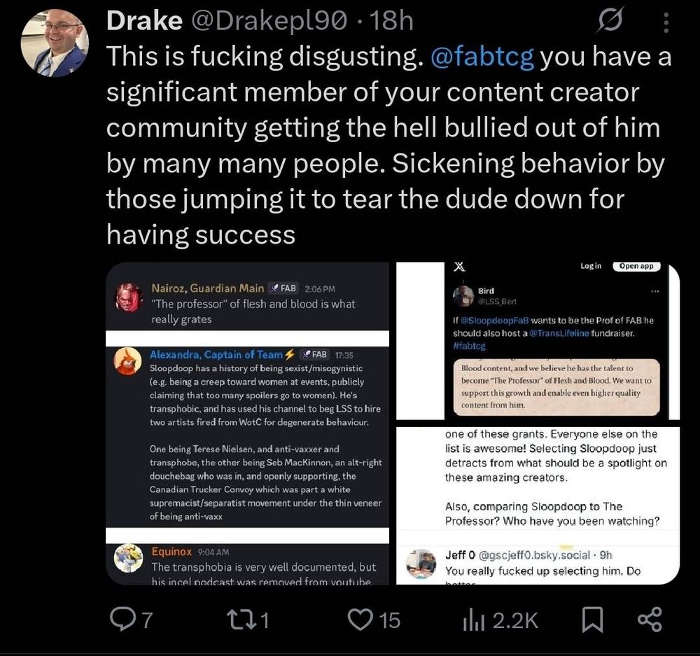 Twitter user @Drakepl90 gets unhinged about how sloopdoop is allegedly a victim because people are mad about him being a horrible person.