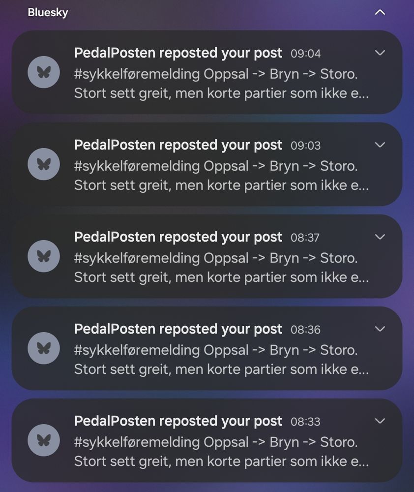 Screenshot, PedalPosten reposter samme melding flere ganger