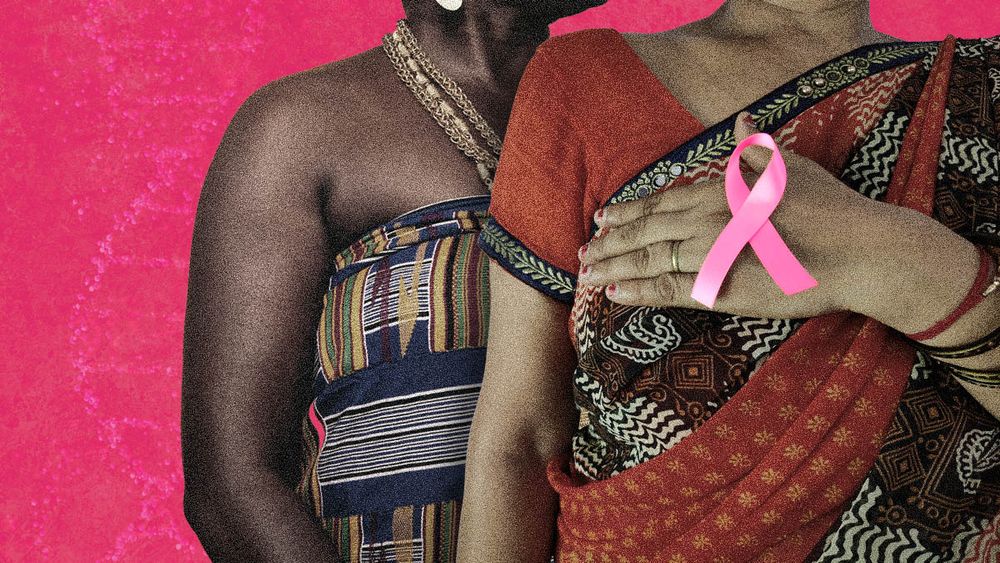 Two women's torsos and a superimposed pink ribbon. Image credit: Niten Patel.