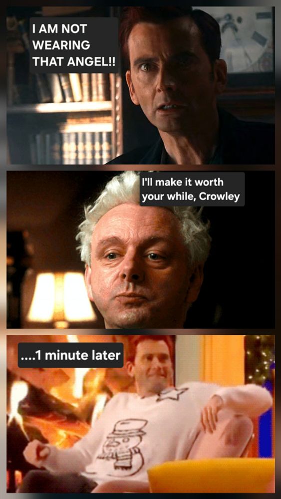 Crowley and Aziraphale discussing Crowley's attire.
