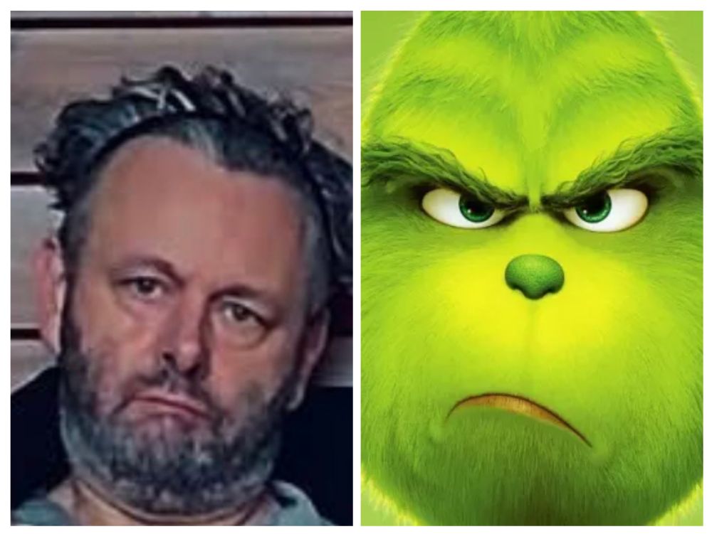 Michael Sheen and The Grinch with the same grumpy expression. Michael looks hotter though.