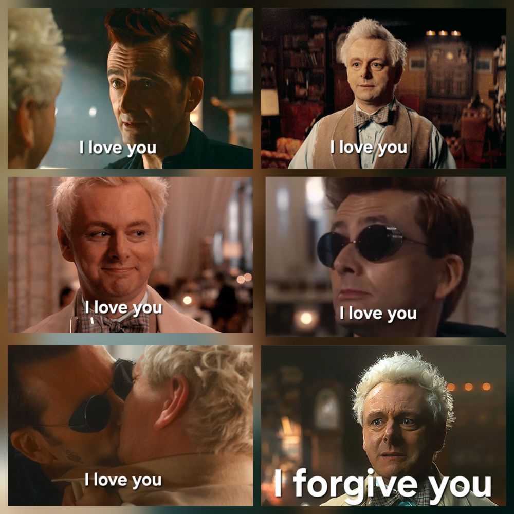 Aziraphale and Crowley looking lovingly at each other until the 'I forgive you' moment.