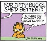 Garfield comic panel where Jon screams "FOR FIFTY BUCKS, SHE'D BETTER!" Garfield says to the reader, "A fleeting moment of male clarity"