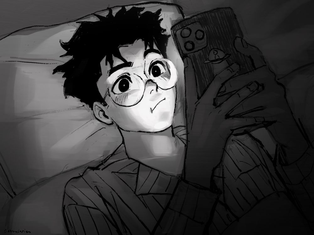 ken takakura from dandadan looks at his phone waiting for a text back from momo ayase