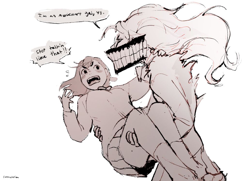 female turbo okarun holding momo ayase in her arms (okamomo)