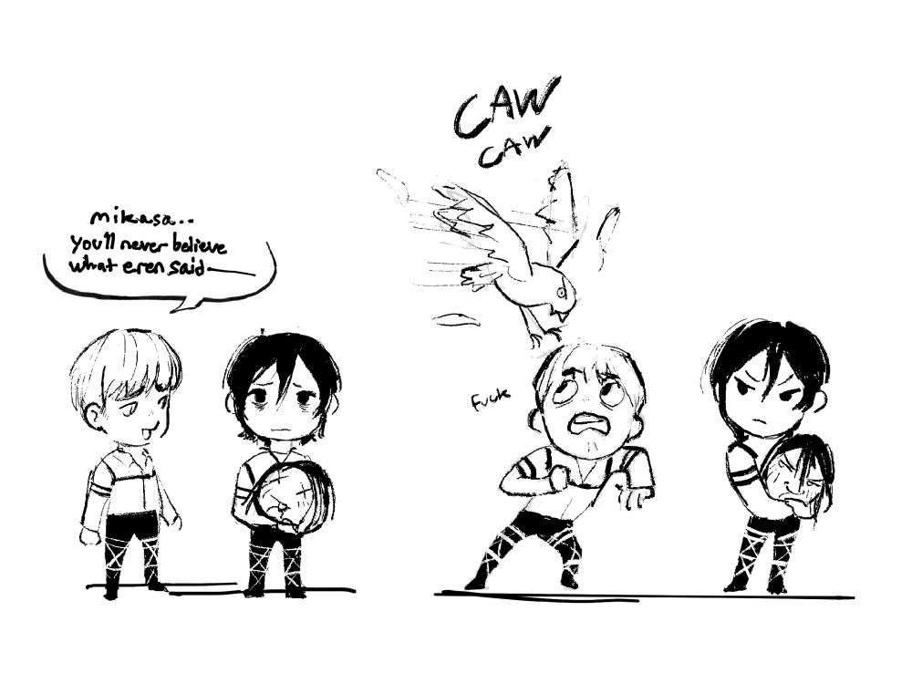 armin arlert trying to spill erens tea to comfort mikasa ackermann (who holds Eren jaeger’s head in her arms). but bird eren attacks him before that can happen
