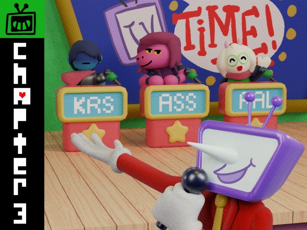 Stylized 3D render of Deltarune chapter 3. Kris, Susie, and Ralsei sit at podiums on a game show while Tenna talks in the foreground.