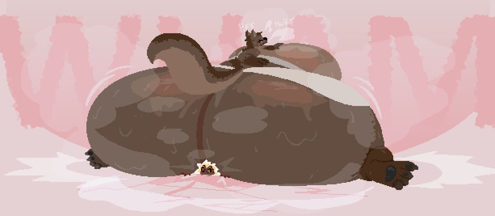 A giant gnoll lady sitting on a small spider guy, cracking the ground. The gnoll is sweating profusely.